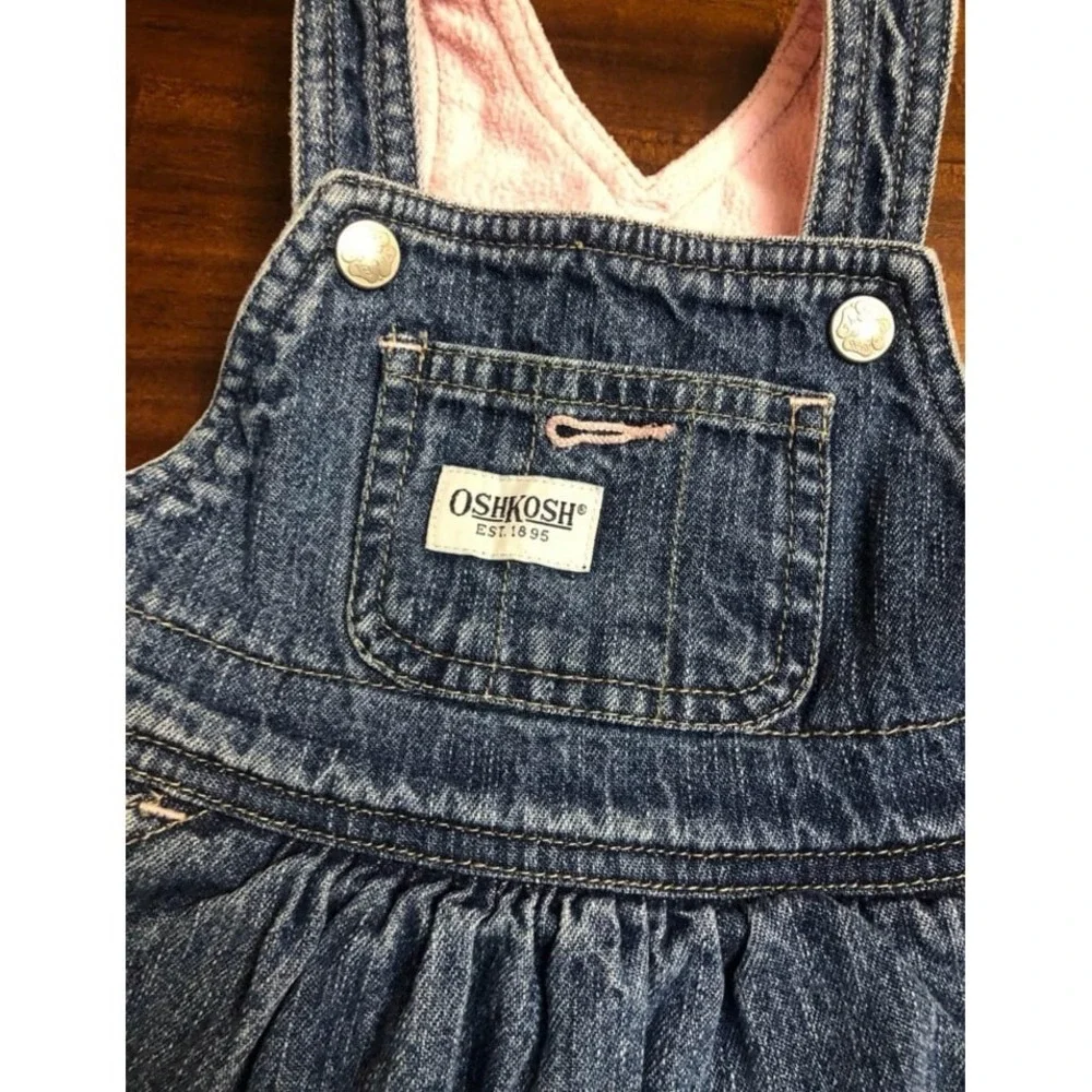 OshKosh B'Gosh baby girl denim fleece lined overall jumper dress bunny 12 months
